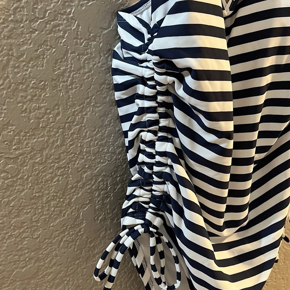 Kona Sol Swim Suit Bathing Suit High Coverage One Piece Navy Blue Stripes - Picture 2 of 8